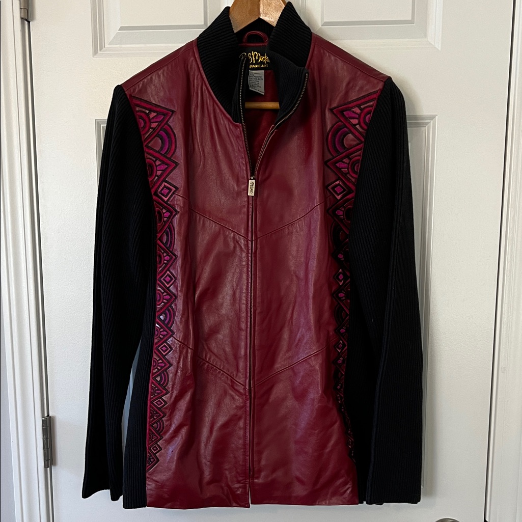 Bob Mackie Black And Burgundy Leather Jacket - Size Large